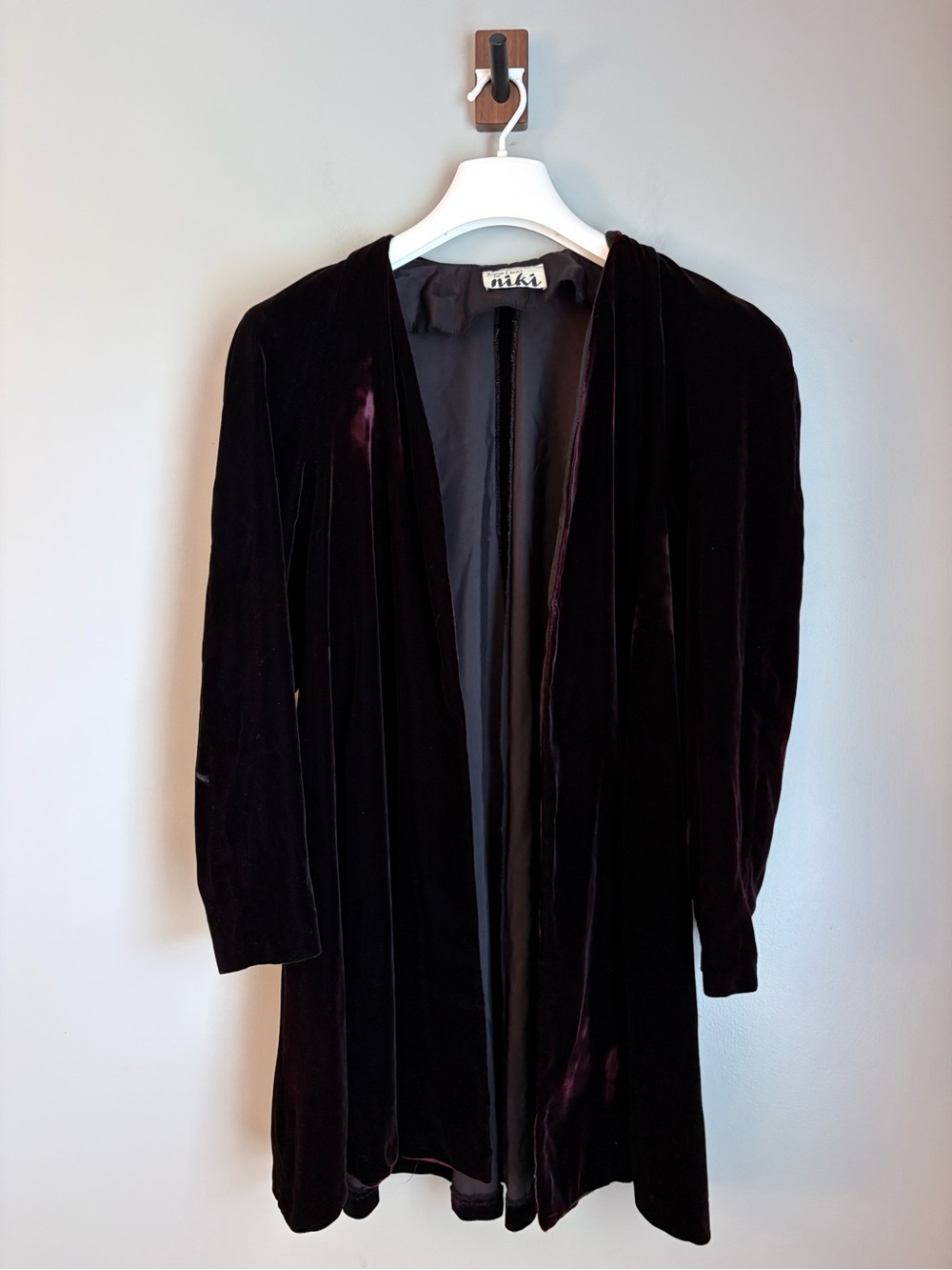 Vintage Karen Lucas for Niki Velvet Duster Jacket Open Front Long Coat Burgundy
